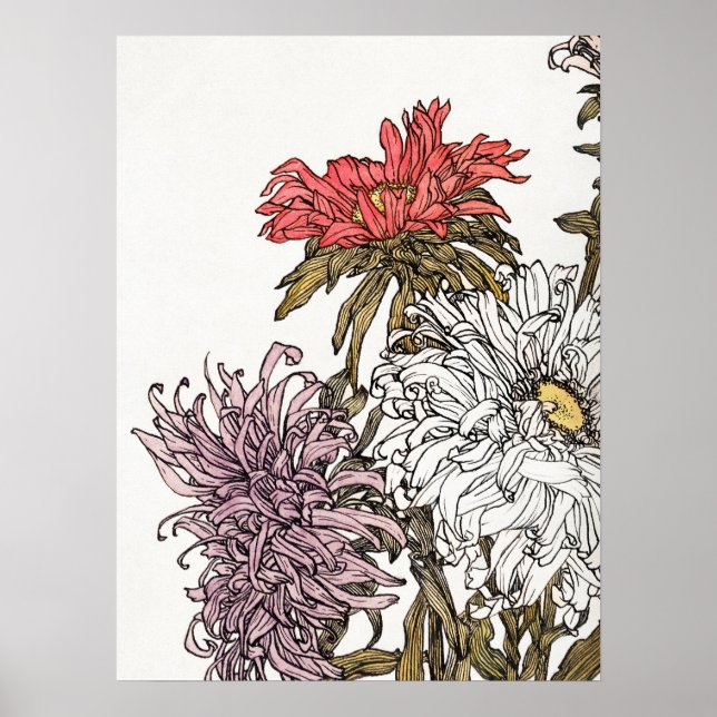 Julie De Graag Chrysanthemas Art Floral Woodcut Poster (Vorne)