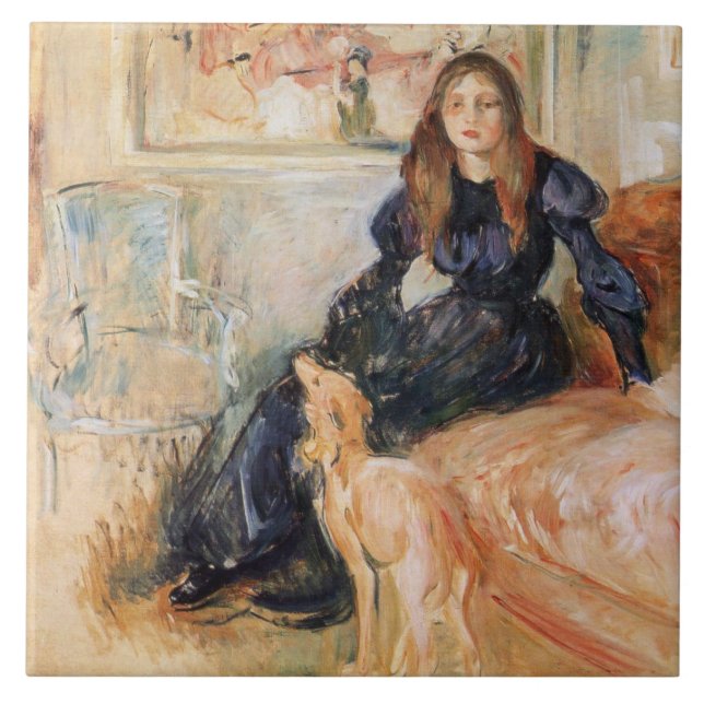 Julie Manet und ihr Greyhound (von Berthe Morisot) Fliese (Vorderseite)