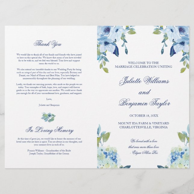 Juliette Blue Floral Wedding Program (Vorderseite)