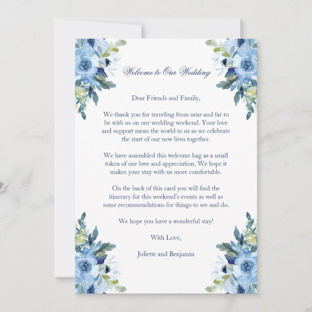 Juliette Blue Wedding Welcome Letter & Tour (Vorderseite)
