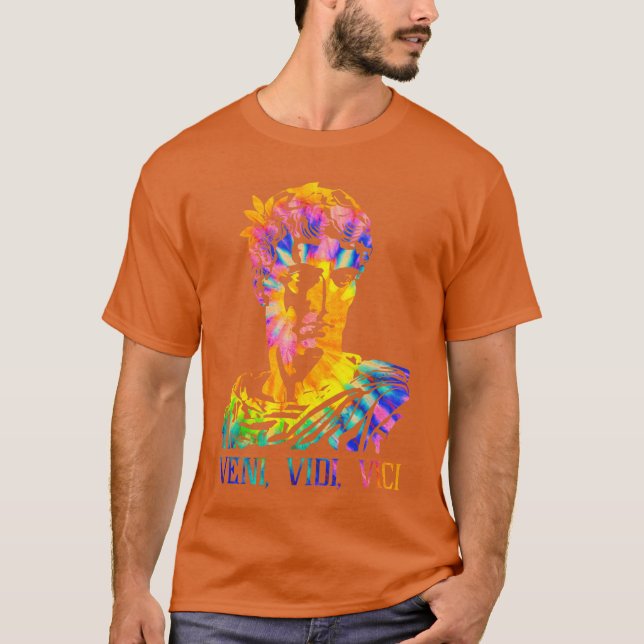 Julius-Cäsar-Porträt mit Withie-Dye-Muster Veni Vi T-Shirt (Vorderseite)