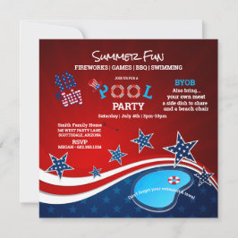 July 4th Pool Party BBQ Fireworks Invitation Einladung
