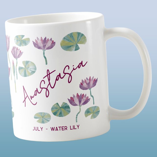 July Birth Flower Custom Name Water Lily Kaffeetasse (July birth month flower water Lily watercolor art personalized custom name coffee mug gift)