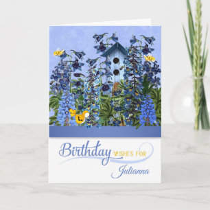July Birthday Larkspur Garden with Birdhouse Name Karte