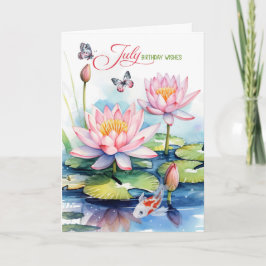 July Birthday Pink Waterlilies and Koi Fish Karte