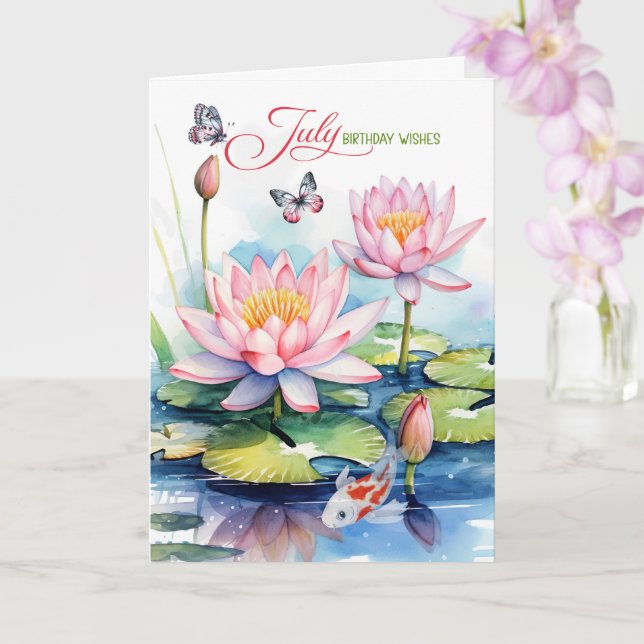 July Birthday Pink Waterlilies and Koi Fish Karte (Orchidee)