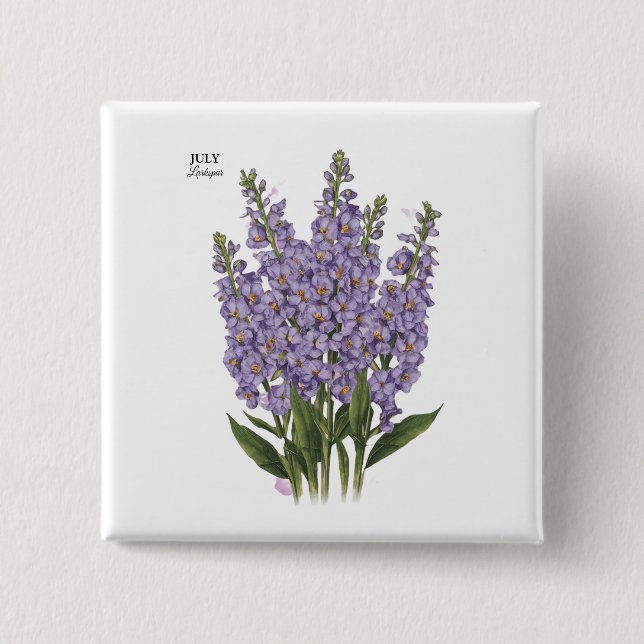 July Larkspur Bloom - Personalisiertes Geburtstags Button (Vorderseite)