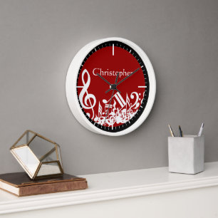Jumbled Musical Notes White on Red Wanduhr