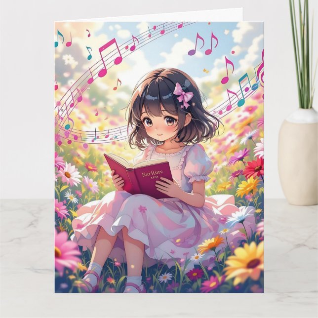Jumbo Anime Girl Reading | Farbseite zum Geburtsta Karte (Vorderseite)