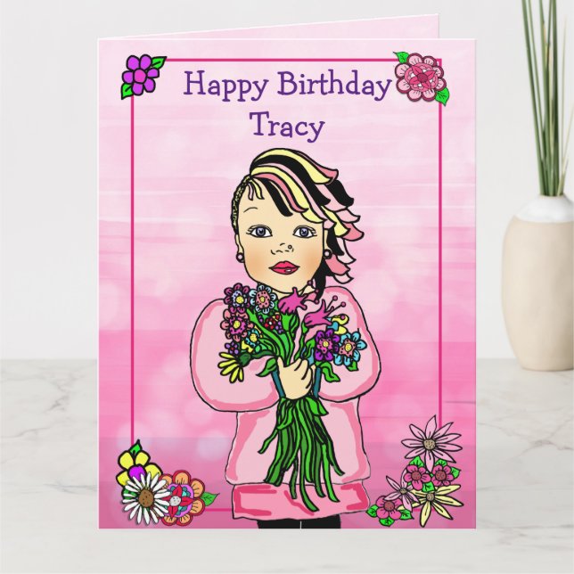 Jumbo Happy Birthday Whimsical Girl mit Blume Karte (Vorderseite)
