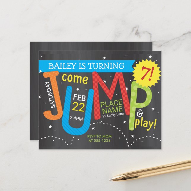 Jump Birthday Party Colors on Chalk Budget Einladu (Vorderseite/Rückseite Beispiel)
