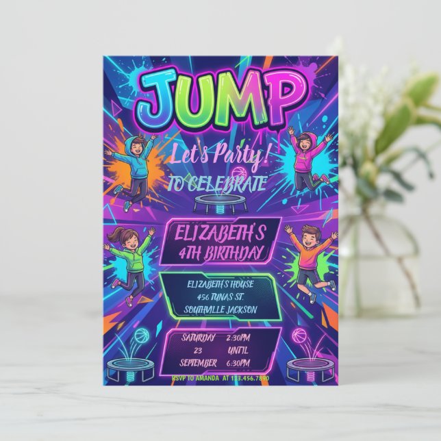 Jump Birthday Party Tie Dye Neon Glow Jump Party Einladung (Stehend Vorderseite)