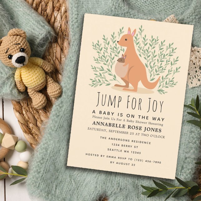 Jump for Joy Niedlich Kangaroo Baby Shower Einladung (Mock-Up Background provided by Freepik)