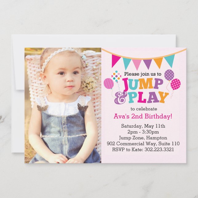Jump & Play Balloons Foto Invitation (Pink) Einladung (Vorderseite)