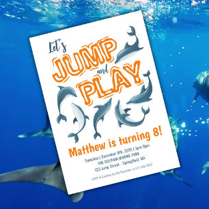 Jump Play Dolphin Park Kinder Party Orange Geburts Einladung
