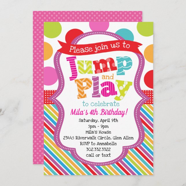 Jump & Play Polka Dot Stripe Party Einladung (Vorne/Hinten)