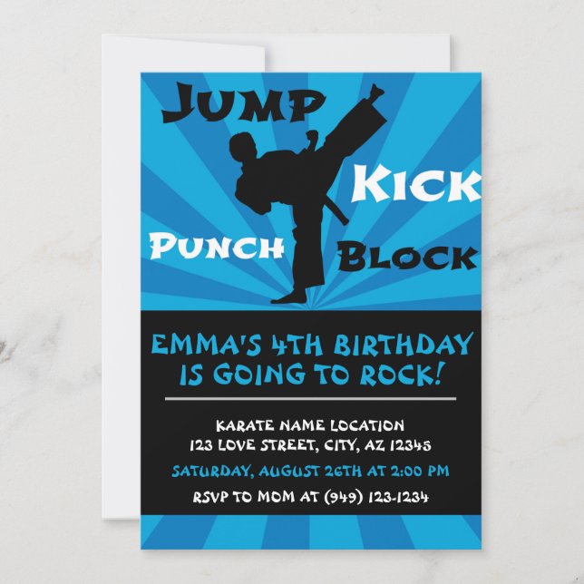 Jump Punch Kick Block Karate Party Geburtstag Einladung (Vorderseite)
