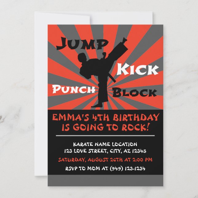 Jump Punch Kick Block Karate Party Geburtstag Einladung (Vorderseite)