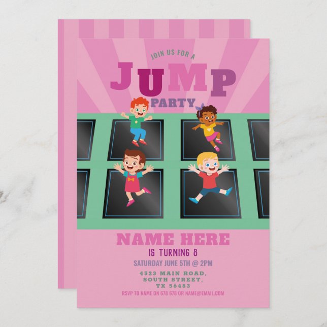 Jump Trampolin Geburtstagsmädchen Rosa Einladung (Vorne/Hinten)