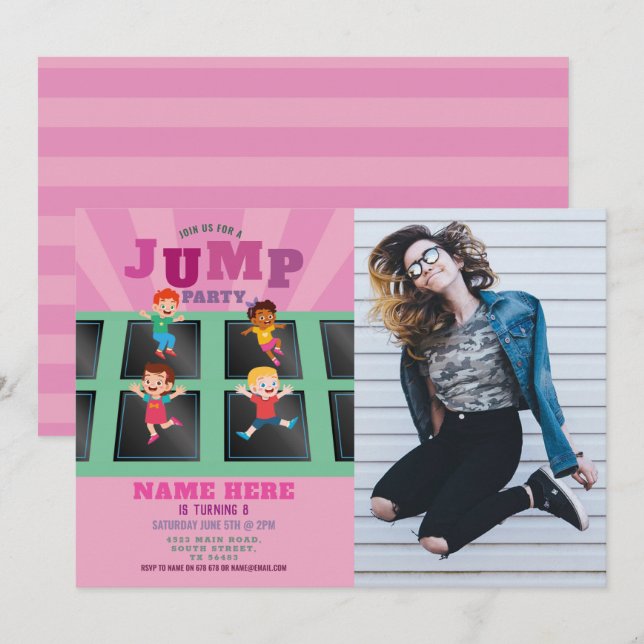 Jump Trampolin Geburtstagsmädchen Rosa Foto Einladung (Vorne/Hinten)