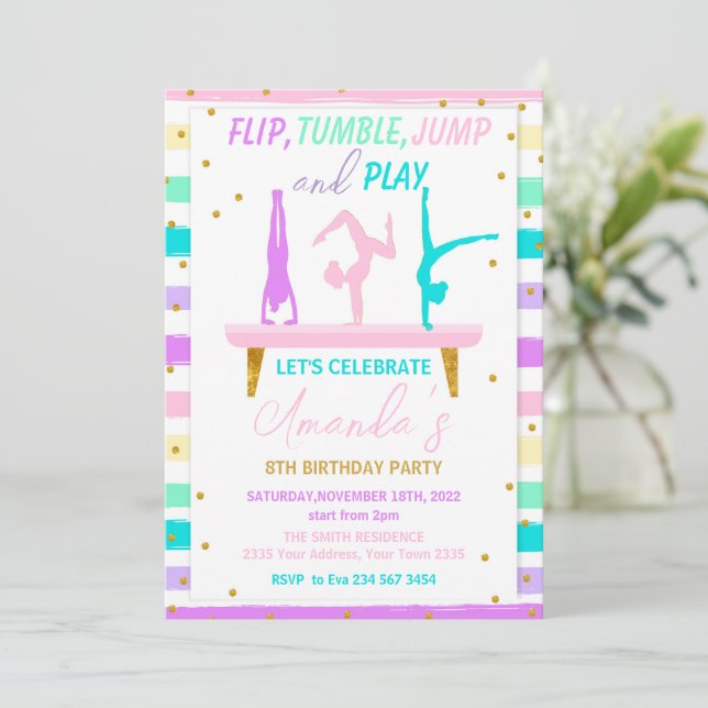 Jump Tumble and Play Gymnastics Birthday Party Einladung (Stehend Vorderseite)