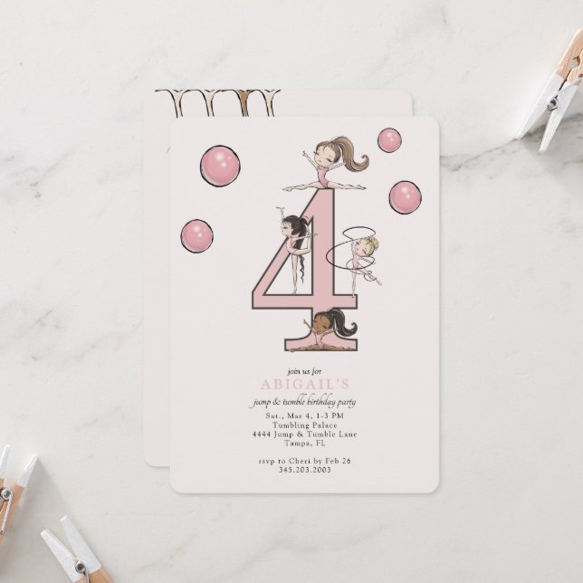 Jump & Tumble Gymnastics 4th Birthday Party Einladung (Vorderseite/Rückseite Beispiel)