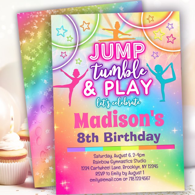 Jump Tumble & Play Rainbow Gymnastics Geburtstag Einladung (Von Creator hochgeladen)