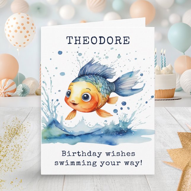 Jumping Fish farbenfroher Kindergeburtstag Persona Karte (A personalized birthday card for kids, with picture of a cute jumping fish in a watercolor style)