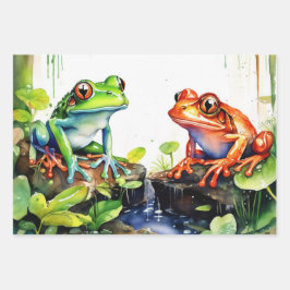 Jumping Frogs in Wasserfarbenwald Geschenkpapier Set