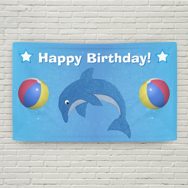 Jumping Fun Blue Dolphin Beach Ball Stars Geburtst Banner (Fun blue jumping dolphin beach balls white stars on Happy Birthday bright blue backdrop.)