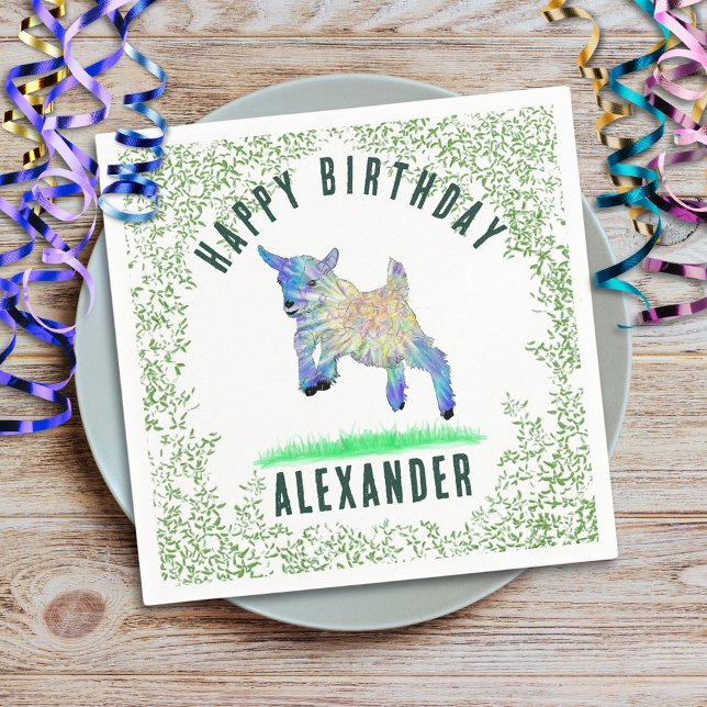 Jumping Goat Happy Birthday Name Serviette (jumping goat cute farm animal custom name birthday party napkin adorable baby goat and foliage )