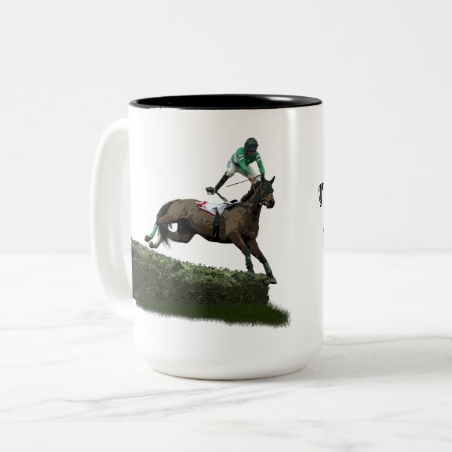 Jumping Horse Jockey in Green Coffee Tasse (Vorderseite Links)