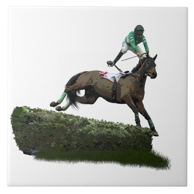 Jumping Horse Jockey in Green Keramik Tile Fliese (Vorderseite)