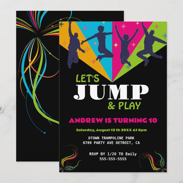 Jumping Jubilation: Trampolin Park Geburtstag Einladung (Vorne/Hinten)