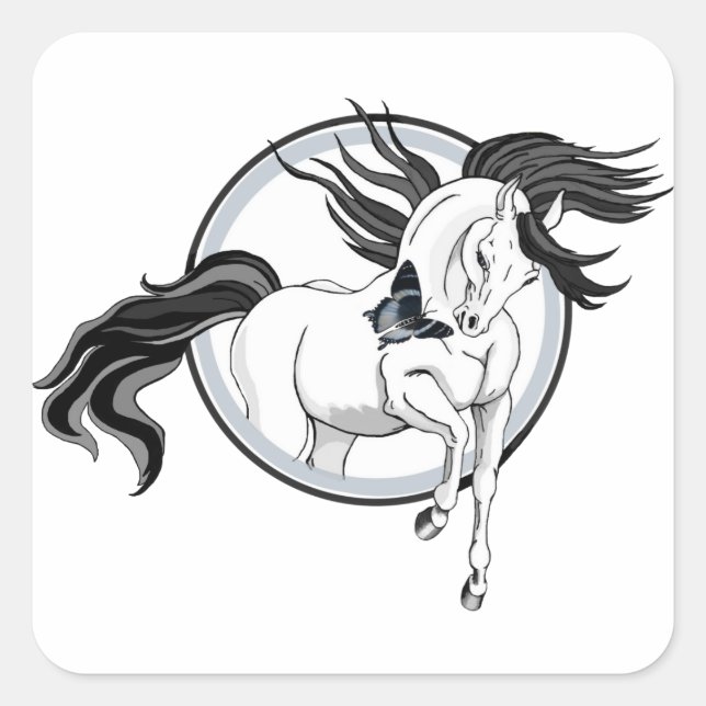 Jumping Out ~ Pferd und Schmetterling Quadratischer Aufkleber (Vorderseite)