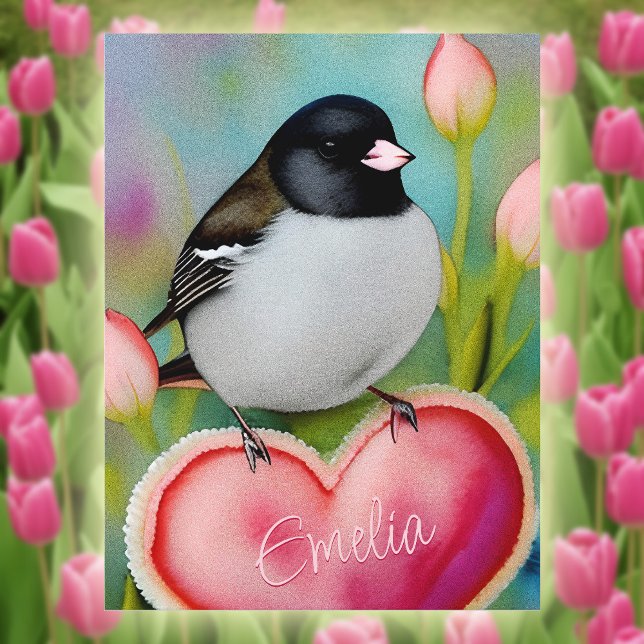 Junco Valentine Heart Niedlich Tulip Garden Bird + Postkarte (Von Creator hochgeladen)