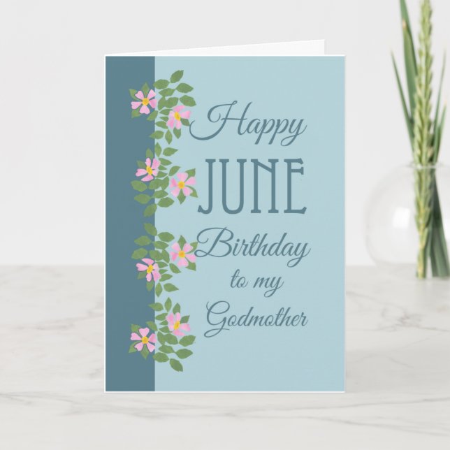 June Birthday Card für Godmutter: Dogroses on Blue Karte (Vorderseite)