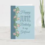 June Birthday Card, Girlfriend: Dogroses on Blue Karte<br><div class="desc">Eine hübsche Juni-Geburtstagskarte für einen Freund,  mit einem Rand von rosa Dogroses auf zweifarbigem blauen Hintergrund; Teil der Posh & Painterly "Rosy Posy" Kollektion.</div>