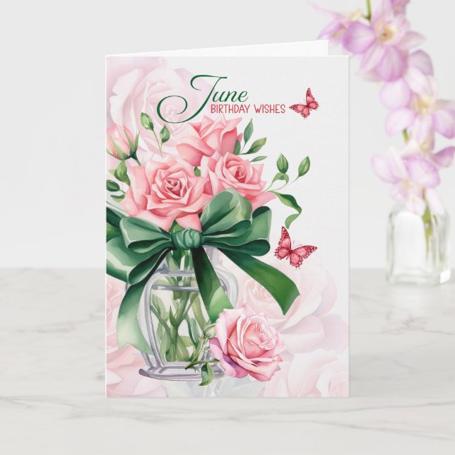 June Birthday Pink Roses with Butterflies Karte (Orchidee)