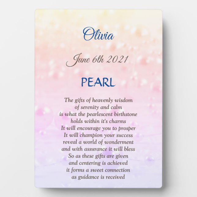June Birthstone Pearl Tabletop Plaque mit Easel Fotoplatte (Vorderseite)
