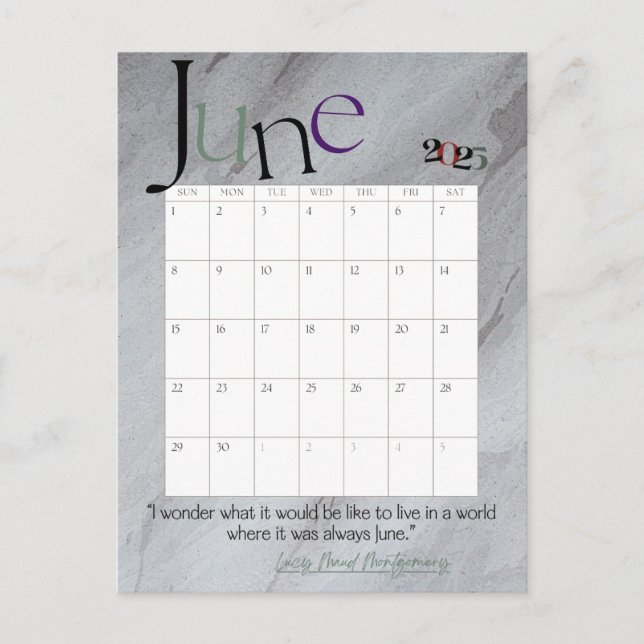 June Gray Modern Monthly Calendar 2025 Postkarte (Vorderseite)
