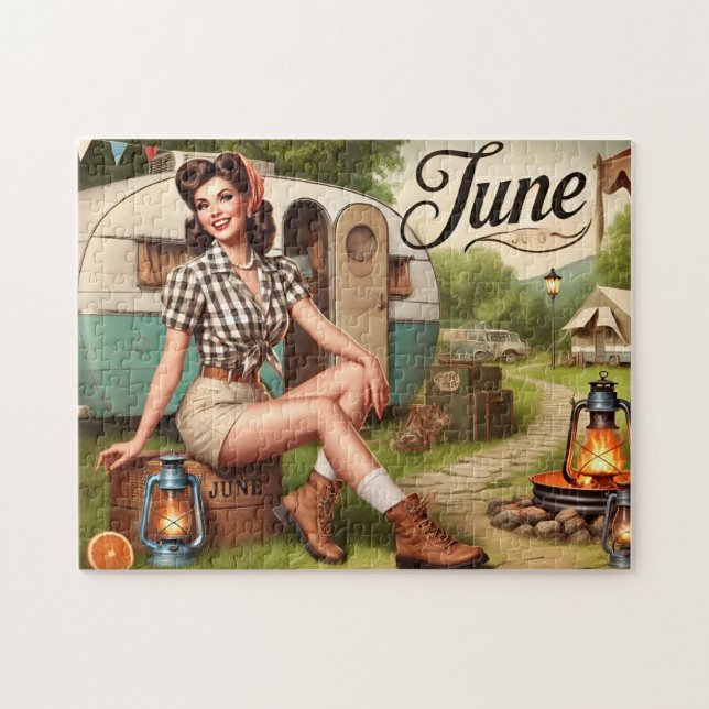 June Retro Summer Camping Pin-Up Girl  Puzzle (Horizontal)