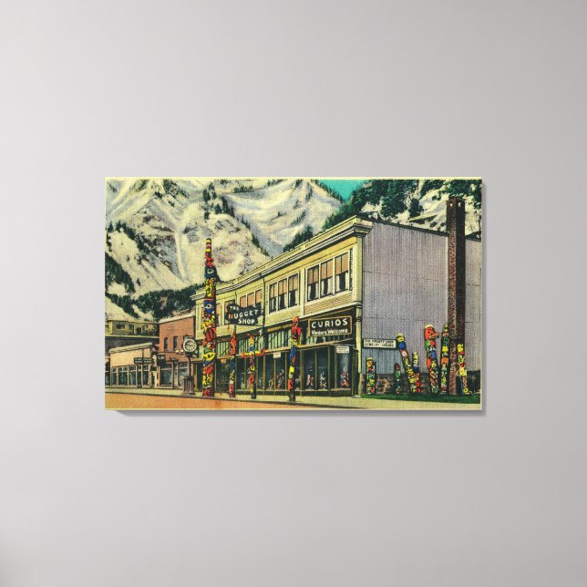 Juneau, Alaska-Sicht auf Totem und Nugge der alten Leinwanddruck (Vorderseite)