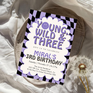 Jung, Wild & Drei Retro-Mädchen 3. Geburtstag Einladung