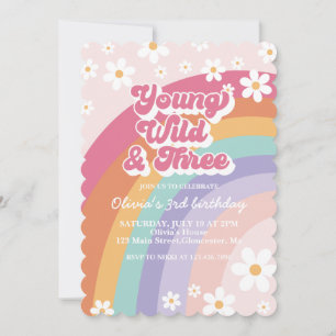 Jung, wild, drei Retro-Regenbogen 3. Geburtstag Einladung