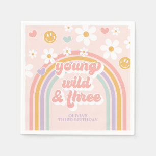 Jung, wild, drei Retro-Regenbogen 3. Geburtstag Serviette