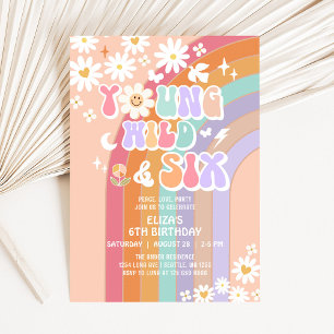 Jung, Wild & SIX Groovy Hippie Retro 6. Geburtstag Einladung