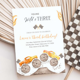 Jung, Wild & THREE Orange Monster Truck 3. Geburts Einladung