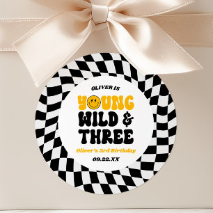 Jung, Wild & Three Retro Dritte 3. Geburtstagsfeie Runder Aufkleber