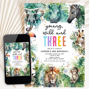 Jung, Wild und drei Safari-Tiere zum 3. Geburtstag Einladung